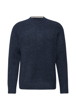 Donkerblauwe gebreide trui met ronde hals, geribde manchetten en onderrand, zachte textuur en een klassieke pasvorm. Geen zichtbare patronen of accenten.