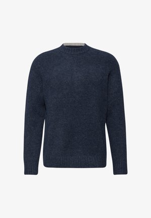 Donkerblauwe gebreide trui met ronde hals, geribde manchetten en onderrand, zachte textuur en een klassieke pasvorm. Geen zichtbare patronen of accenten.