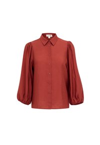Rust-colored blouse with a collared neck, front buttons, and long balloon sleeves. Made of smooth fabric with gathered details at sleeves.