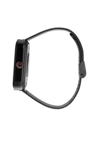 Orologio smartwatch nero con cassa rettangolare. Presenta un pulsante di accento rosso, un cinturino nero texture e un design elegante e minimalista.