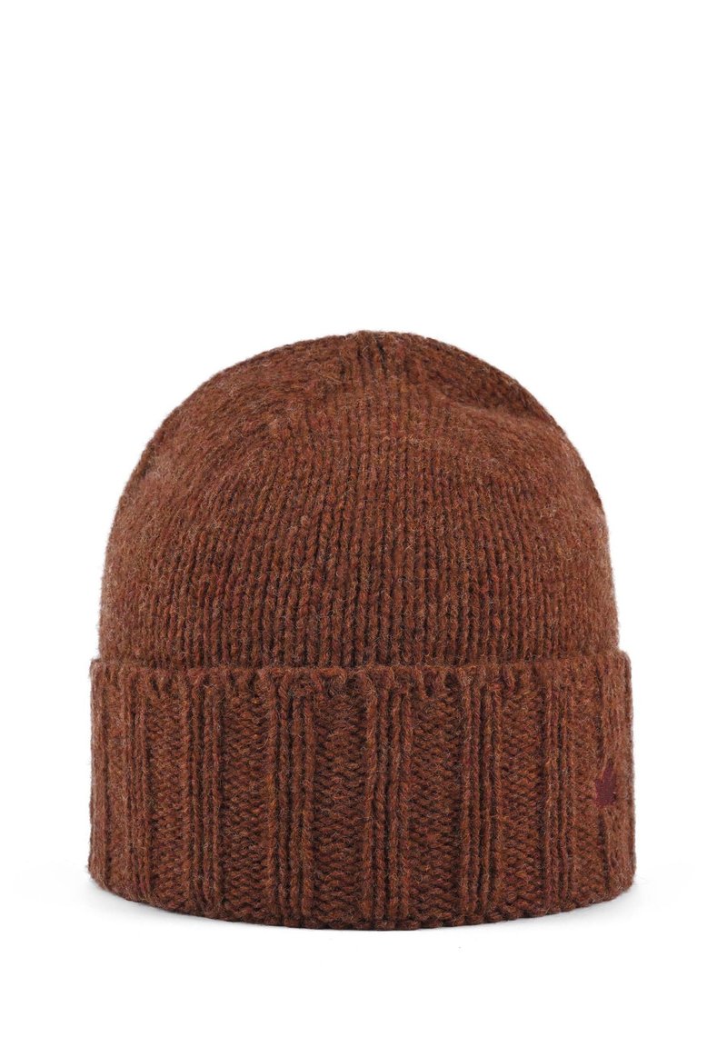 Bonnet en tricot marron avec texture côtelée et revers replié. Fabriqué en laine, avec un logo brodé subtil sur la couture inférieure.