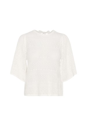 Blusa blanca con un diseño de encaje, mangas anchas y escote redondo. Presenta un cierre con lazo en la parte posterior y una tela texturizada con patrón.