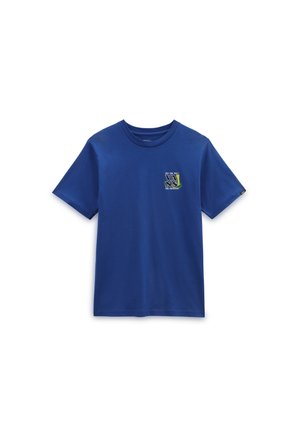 Niebieski t-shirt z krótkim rękawem i okrągłym dekoltem z małym logo Vans na lewej piersi z napisem "Off The Wall The Original."