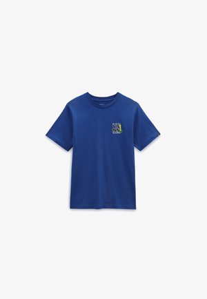 T-shirt bleu à manches courtes col rond avec petit logo Vans sur le côté gauche de la poitrine indiquant "Off The Wall The Original."