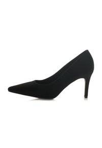 Scarpa nera con punta affilata e tacco alto, realizzata in tessuto liscio, con un design slanciato e classico. Nessun motivo o accessorio visibile.