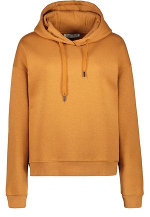 Oranje hoodie met een wijde halslijn, verstelbaar trekkoord en geribbelde manchetten. Zachte textuur, casual ontwerp en losse pasvorm.