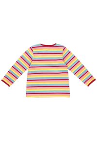 Langarmshirt mit mehrfarbigen Streifen in Rot, Gelb, Blau und Rosa, mit einem runden Ausschnitt und roten Akzenten an den Bündchen und am Saum.