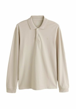 Polo de manga larga beige hecho de suave algodón. Cuenta con un collar clásico, tapeta de tres botones y un pequeño logo bordado en el pecho.