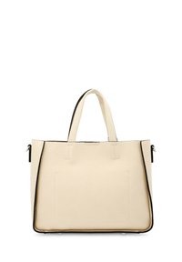 Borsa a tracolla in pelle beige con finitura texturizzata, due manici corti e bordo nero. Nessun dettaglio hardware visibile, forma rettangolare semplice.