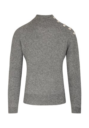Gray ribbed sweater with a high collar, featuring decorative buttons on one shoulder and a fitted design with long sleeves.