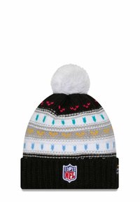 Berretto a maglia nero con pom-pom bianco. Il disegno include strisce bianche, grigie e colorate con piccoli motivi a zigzag. Patch del logo NFL sul davanti.