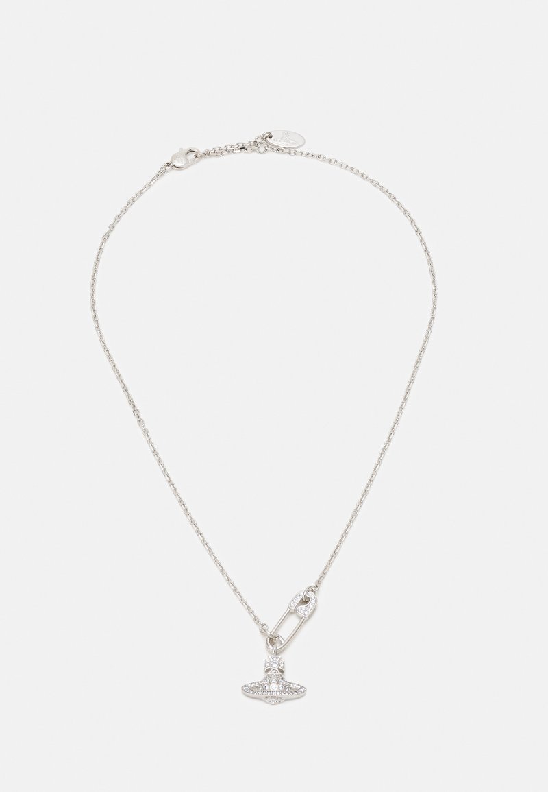 Sølv kæden halskæde med en dekorativ lås i form af en sikkerhedsnål, prydet med små, klare rhinsten.