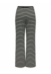 Black and white striped wide-leg pants featuring a stretchy waistband and smooth texture, emphasizing bold horizontal lines.