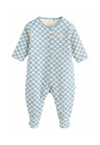 Salopetă de dormit în carouri albastre și crem, realizată din material moale. Mâneci lungi, guler rotund și închidere completă cu capse pe partea din față pentru o îmbrăcare ușoară.