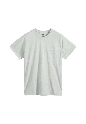T-shirt grigio chiaro a maniche corte con collo tondo e una piccola tasca sul petto sinistro, mostrata su uno sfondo bianco.