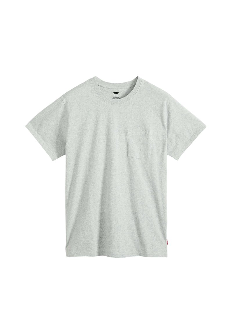 Hellgraues T-Shirt mit kurzen Ärmeln und Rundhalsausschnitt, mit einer kleinen Tasche auf der linken Brust, vor weißem Hintergrund präsentiert.