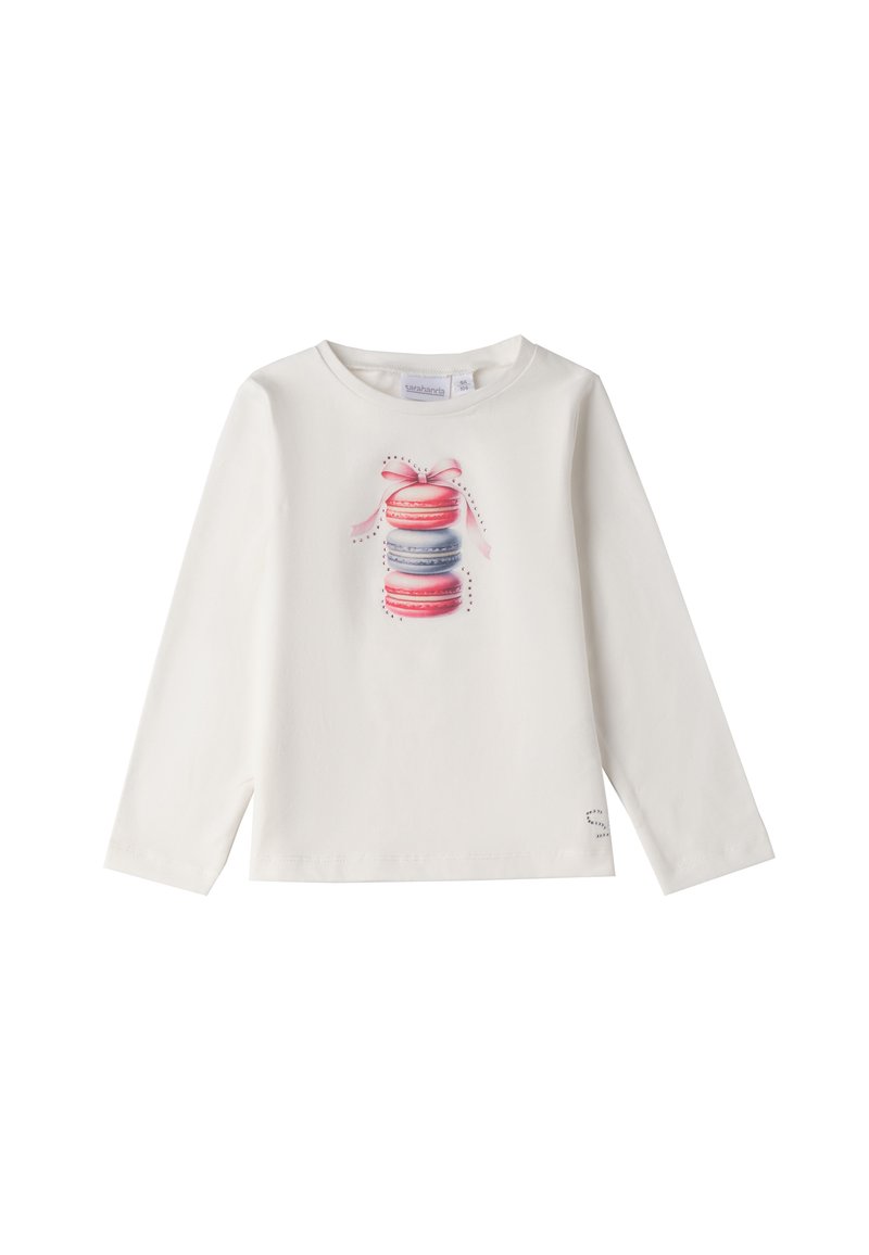 Camicia bianca a maniche lunghe con una grafica colorata di macaron e un fiocco. Tessuto morbido con scollo rotondo e orlo dritto.