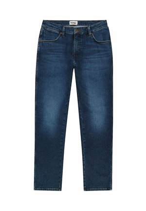 Jeans dżinsowe w ciemnoniebieskim kolorze z delikatnym wypłowieniem. Klasyczny pięciopakowy design, zapięcie na guzik i przeszycia na szwach.