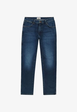 Jeans dżinsowe w ciemnoniebieskim kolorze z delikatnym wypłowieniem. Klasyczny pięciopakowy design, zapięcie na guzik i przeszycia na szwach.