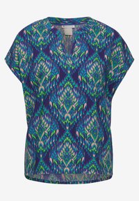 Blouse à manches courtes avec motif floral abstrait bleu, vert et rose et petit col en V, étiquette Street One.