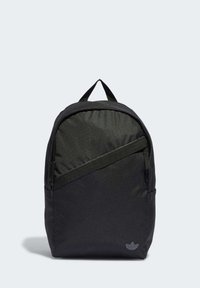 Black fabric backpack with a smooth texture, featuring a front zipper pocket and a top handle. Includes a subtle logo accent.