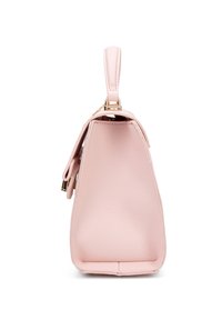 Borsa a tracolla in pelle rosa con superficie testurizzata, forma angolare, manico superiore e hardware in tonalità dorata. Presenta una chiusura con zip e una base piatta.