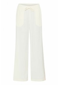 Kalhoty s širokým střihem z lněné směsi v off-white barvě. Mají elastický pas s šňůrkou a dvě přední kapsy. Hladká, lehká textura.