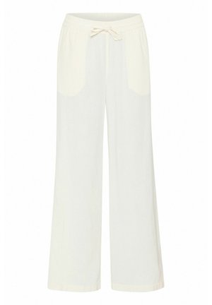 Linen blend wide-leg pants in off-white. Features an elastic waistband with a drawstring and two front pockets. Smooth, lightweight texture.