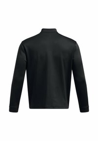 Black long-sleeve pullover with a stand-up collar, smooth texture, and fitted design. No visible logos or embellishments.