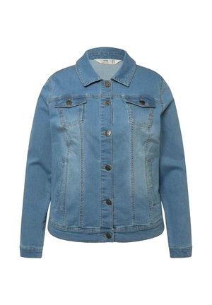 Blå denimjakke med knaplukning foran, to brystlommer og sidelommer. Har en klassisk krave og en let falmet udseende.