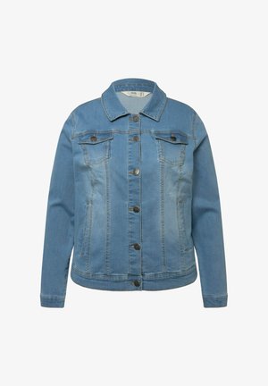 Blå denimjakke med knaplukning foran, to brystlommer og sidelommer. Har en klassisk krave og en let falmet udseende.