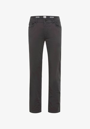 Pantaloni dritti grigio scuro con chiusura a bottone e cerniera, passanti per cintura e tasche frontali e posteriori.