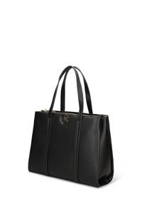 Sac cabas en cuir noir avec finition texturée, poignées doubles et un accent logo couleur or. Dispose d'une fermeture éclair et d'une forme structurée.