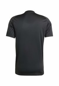 Svart sportströja med kort ärm, sedd från baksidan, med en enkel design och slät tygtextur på en vit bakgrund.