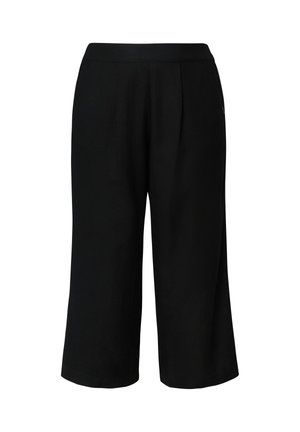 Schwarze weit geschnittene, cropped Hose mit hohem Bund und vorderen Falten, dargestellt auf einfarbigem weißen Hintergrund.
