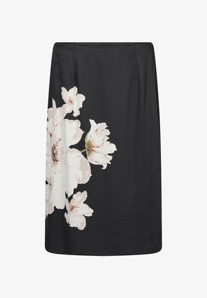 Juoda sijonas su dideliais baltais ir šviesiai rožiniais gėlių raštais. Švelni, lygi medžiaga, tiesus kirpimas be matomų detalių ar akcentų.