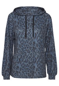 Felpa blu con motivo a stampa leopardata nera, dotata di cappuccio regolabile e maniche lunghe. Tessuto morbido con una vestibilità comoda.