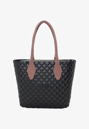 Sac cabas matelassé noir avec poignées en cuir marron et fermeture éclair, arborant le logo "Obag" embossé sur le devant.