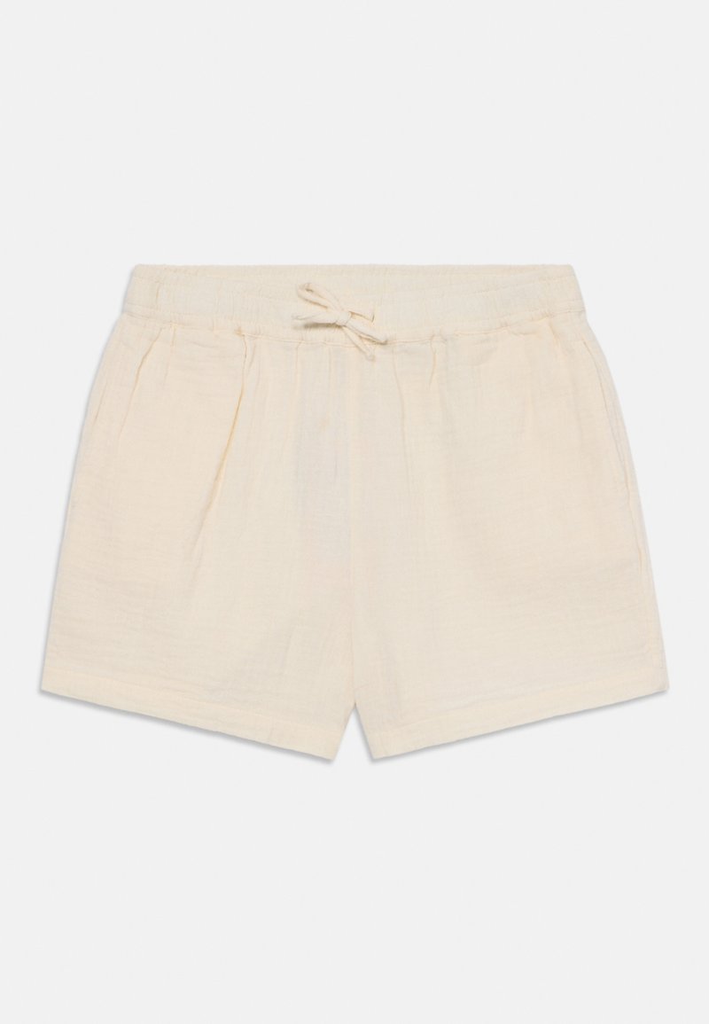 Lys beige bomullsshorts med elastisk midjebånd og justerbar snor. Har myk tekstur og to frontlommer.