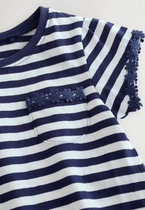 Navy blue and white striped cotton t-shirt with a flower-patterned navy trim on the sleeves and a small pocket adorned with similar flowers.