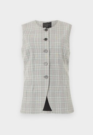 Sleeveless plaid vest with a round neckline, five black buttons down the front, and a small front slit at the hem.