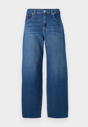 Jeans blu a gamba larga realizzati in denim, con cinque tasche, chiusura con bottone e leggeri sbiadimenti per un aspetto vintage. Nessun segno di usura visibile.