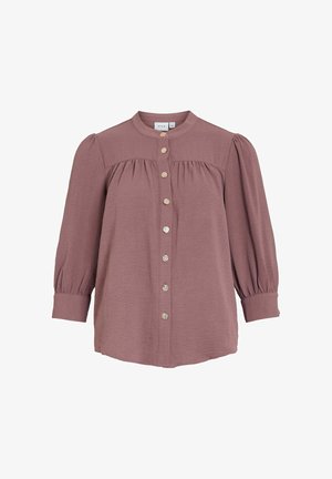Blusa mauve a maniche lunghe con colletto alto, yoke arricciato, chiusura con bottoni e maniche con polsini, realizzata in un tessuto texture.