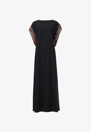 Robe en coton noir avec une coupe ample, ornée d'accents colorés en perles sur les manches, créant un contraste texturé et vibrant.