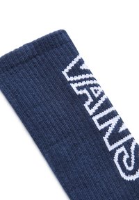 Calcetín de algodón azul marino con textura acanalada y un diseño de logo blanco a lo largo del costado, con un puño reforzado para mayor durabilidad.