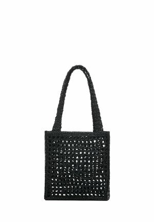 Geantă tote neagră țesută, cu formă pătrată, model deschis și două bretele de umăr.