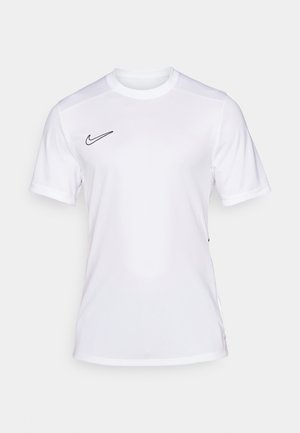 White athletic T-shirt made of lightweight fabric, featuring a round neckline, short sleeves, and a black Nike logo on the upper left.