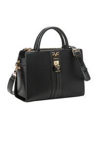 Zwarte leren handtas met textuurafwerking, dubbele handgrepen, afneembare schouderriem, hardware in goudkleur en voorzijde met logo-detail.