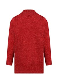 Roter Pullover mit langen Ärmeln und strukturiertem Strickdesign. Verfügt über einen hohen Kragen und eine lockere Silhouette, ohne sichtbare Hardware oder Muster.