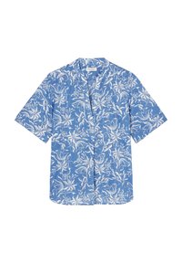Camicia a maniche corte con motivo floreale blu e scollo a V, dal taglio rilassato, con disegni di foglie e fiori bianchi in tutto il capo.